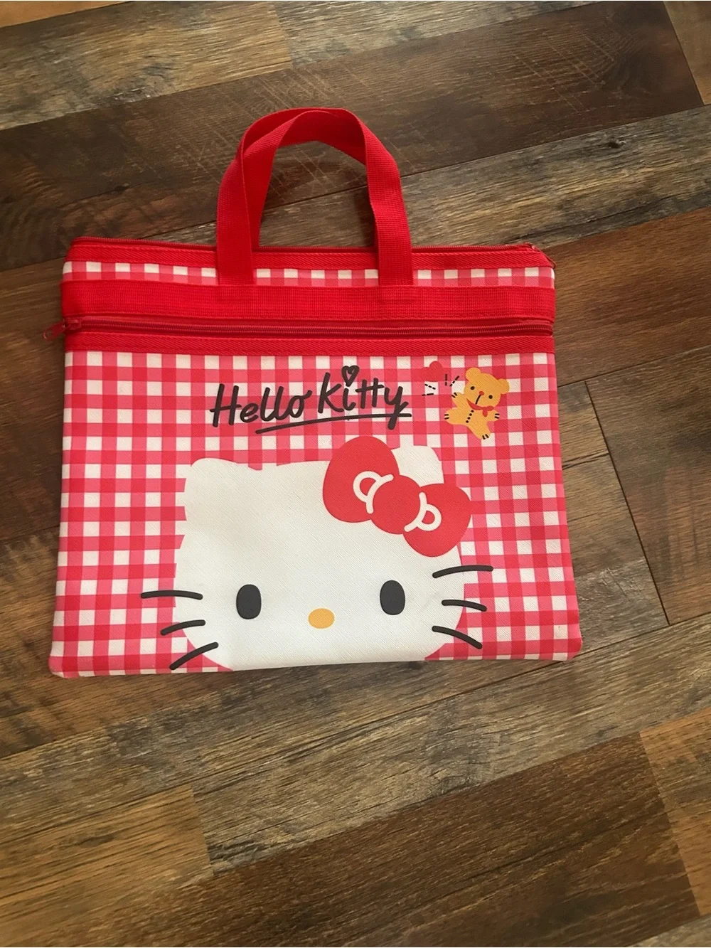Hello Kitty Red and White Gingham Tote with Script Logo